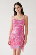 Hot Pink Sparkly Sheath Spaghetti Straps Mini Party Dresses with Tassel | KISSPROM