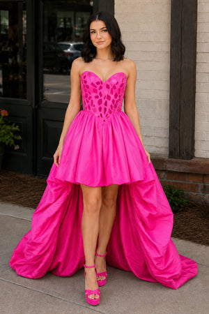 Hot Pink Sparkly Sweetheart Mirror High-Low Homecoming Dress | KISSPROM
