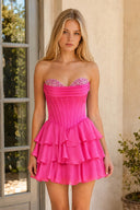 Hot Pink Strapless A Line Ruffles Homecoming Dress With Beading | KISSPROM