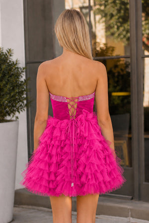 Hot Pink Strapless A Line Tiered Tulle Homecoming Dress With Bow (2) | KISSPROM