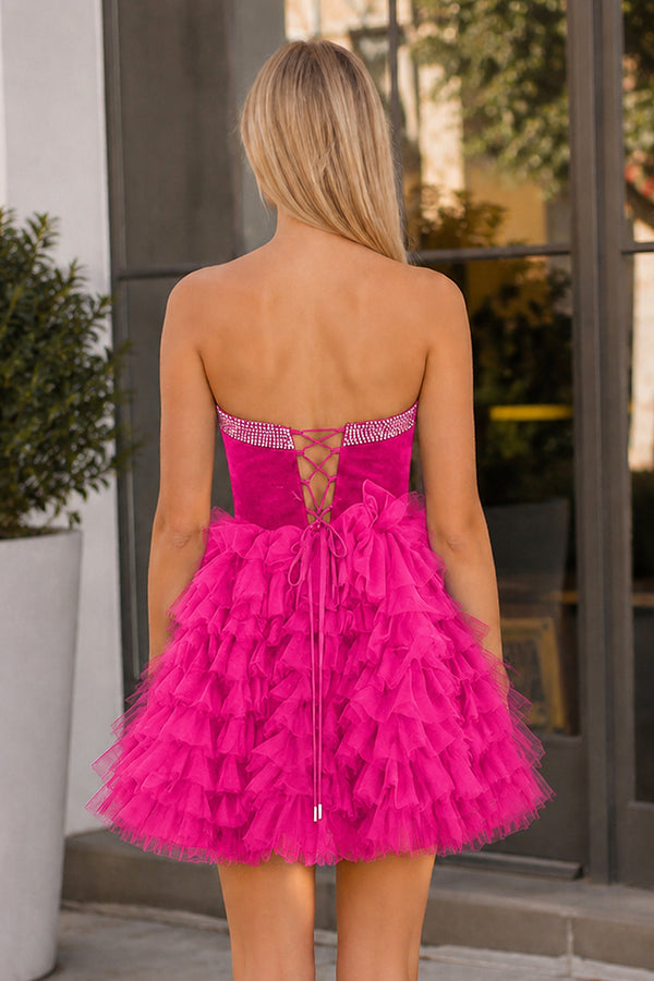 Hot Pink Strapless A Line Tiered Tulle Homecoming Dress With Bow (2) | KISSPROM