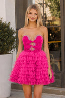 Hot Pink Strapless A Line Tiered Tulle Homecoming Dress With Bow | KISSPROM