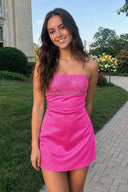 Hot Pink Strapless Appliqued Satin Sheath Homecoming Dress | KISSPROM
