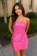 Hot Pink Strapless Appliqued Sheath Satin Corset Homecoming Dress | KISSPROM
