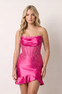 Hot Pink Strapless Bodycon Satin Pleated Homecoming Dresses With Beading | KISSPROM