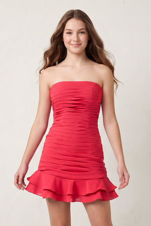Hot Pink Strapless Bodycon Spandex Ruffles Short Homecoming Dresses | KISSPROM