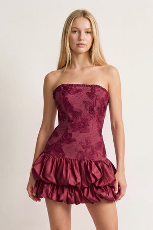 Burgundy Strapless Embroidered Flower Ruched A-Line Homecoming Dress | KISSPROM