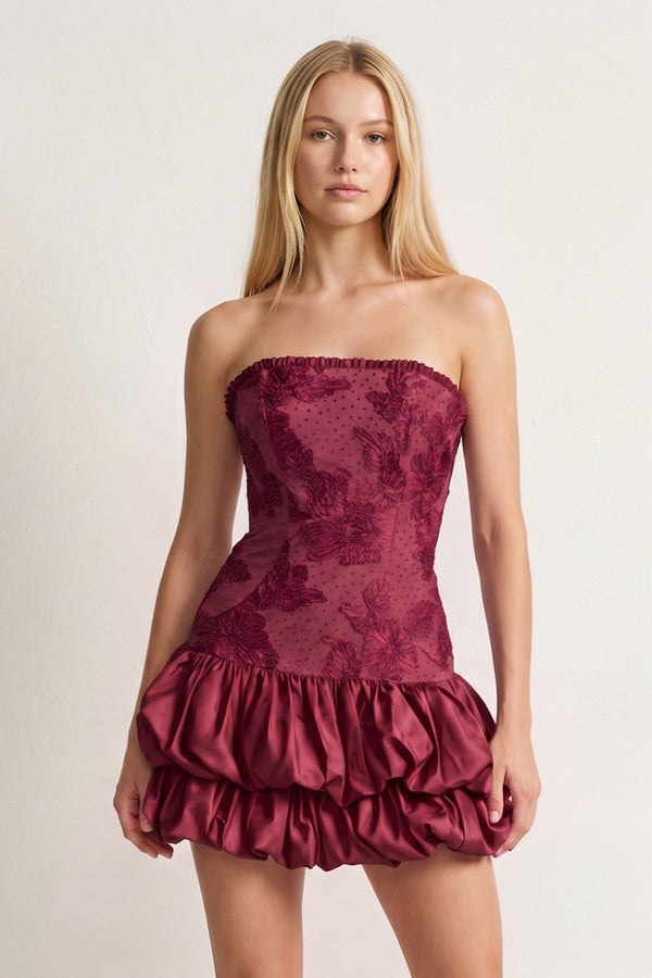 Burgundy Strapless Embroidered Flower Ruched A-Line Homecoming Dress | KISSPROM