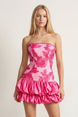 Hot Pink Strapless Embroidered Flower Ruched A-Line Homecoming Dress - KissProm