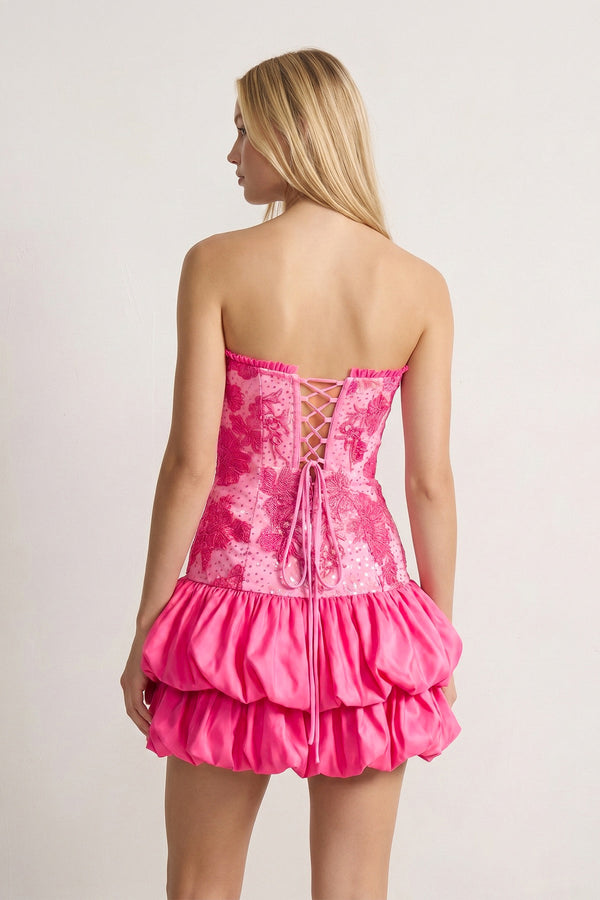 Hot Pink Strapless Embroidered Flower Ruched A-Line Homecoming Dress - KissProm
