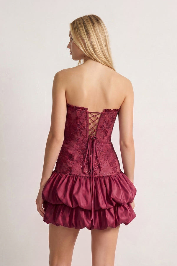 Burgundy Strapless Embroidered Flower Ruched A-Line Homecoming Dress | KISSPROM
