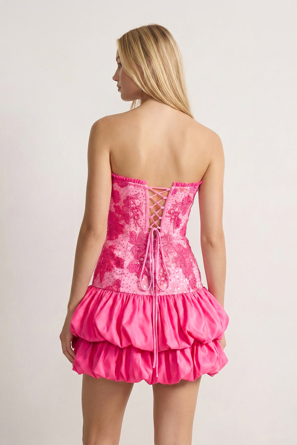 Hot Pink Strapless Embroidered Flower Ruched A-Line Homecoming Dress - KissProm