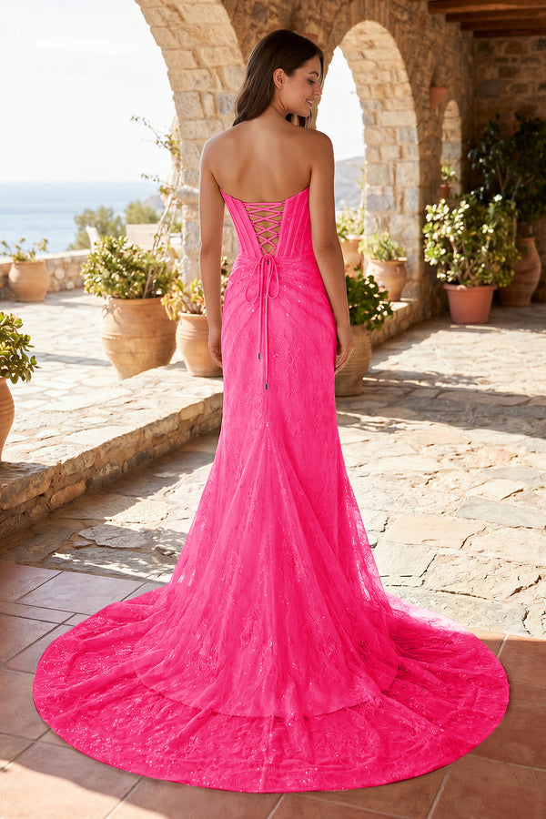 Hot Pink Strapless Lace Ruched Mermaid Prom Dress with Slit - KISSPROM