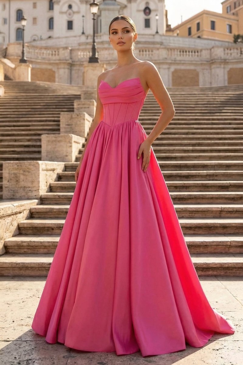 Hot Pink Strapless Lace - Up A - Line Long Formal Dress - KissProm
