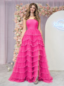 Hot Pink Strapless Layered Tulle Prom Dress with Sequins - KissProm