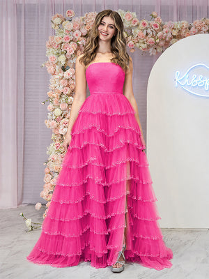Hot Pink Strapless Layered Tulle Prom Dress with Sequins - KissProm