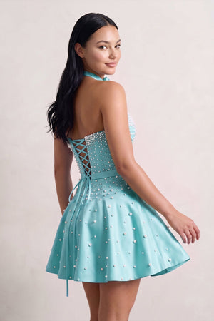 Aqua Strapless Pearl A-Line Satin Homecoming Dress With Bowknot (2) | KISSPROM