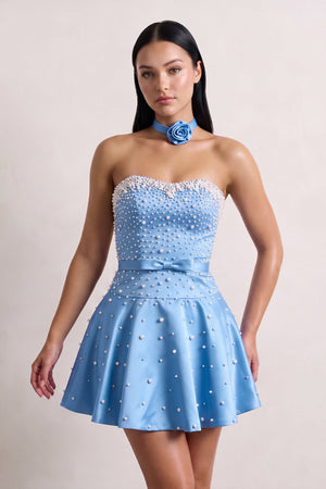 Periwinkle Strapless Pearl A-Line Satin Homecoming Dress With Bowknot | KISSPROM