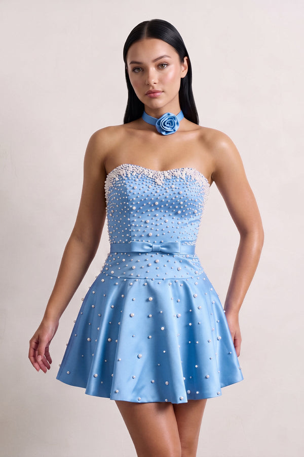 Periwinkle Strapless Pearl A-Line Satin Homecoming Dress With Bowknot | KISSPROM