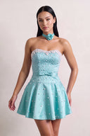 Aqua Strapless Pearl A-Line Satin Homecoming Dress With Bowknot | KISSPROM