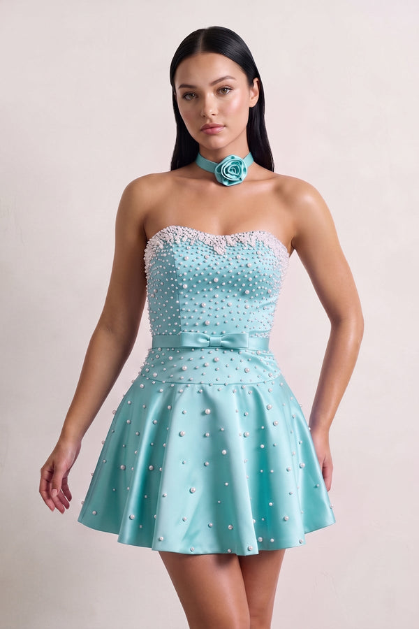 Aqua Strapless Pearl A-Line Satin Homecoming Dress With Bowknot | KISSPROM