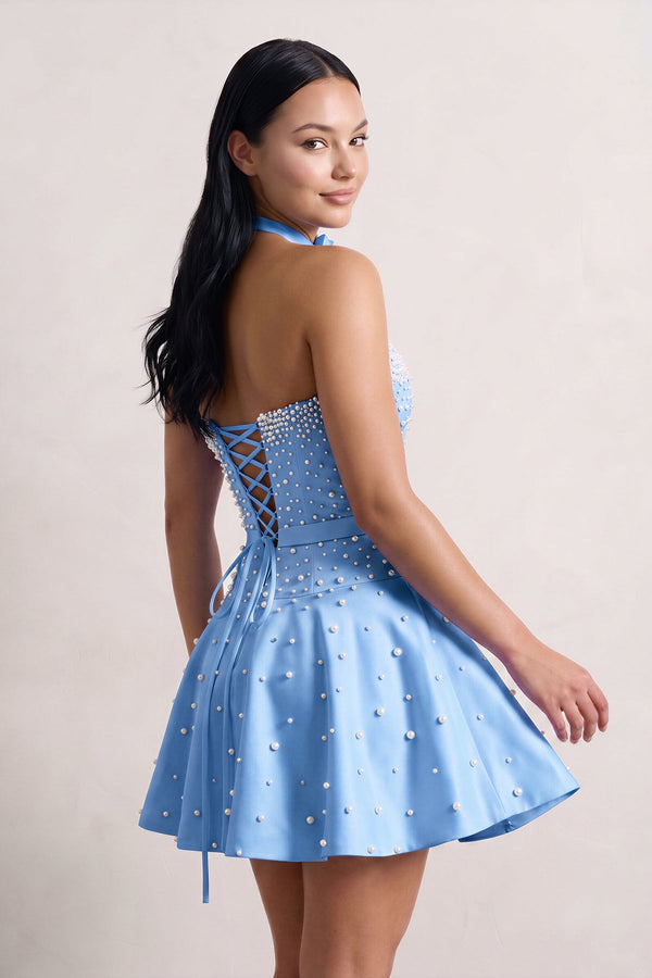 Periwinkle Strapless Pearl A-Line Satin Homecoming Dress With Bowknot (2) | KISSPROM