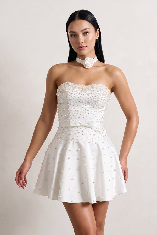 White Strapless Pearl A-Line Satin Homecoming Dress With Bowknot - KISSPROM
