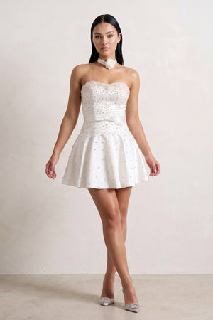 White Strapless Pearl A-Line Satin Homecoming Dress With Bowknot - KISSPROM