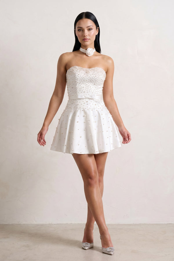 White Strapless Pearl A-Line Satin Homecoming Dress With Bowknot - KISSPROM