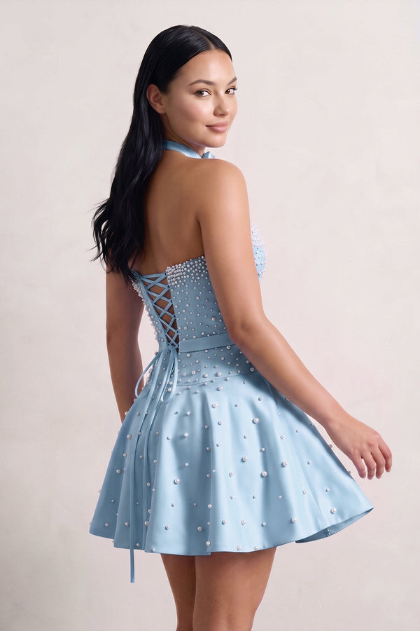Sky Blue Strapless Pearl A-Line Satin Homecoming Dress With Bowknot (2) | KISSPROM