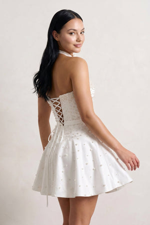White Strapless Pearl A-Line Satin Homecoming Dress With Bowknot - KISSPROM