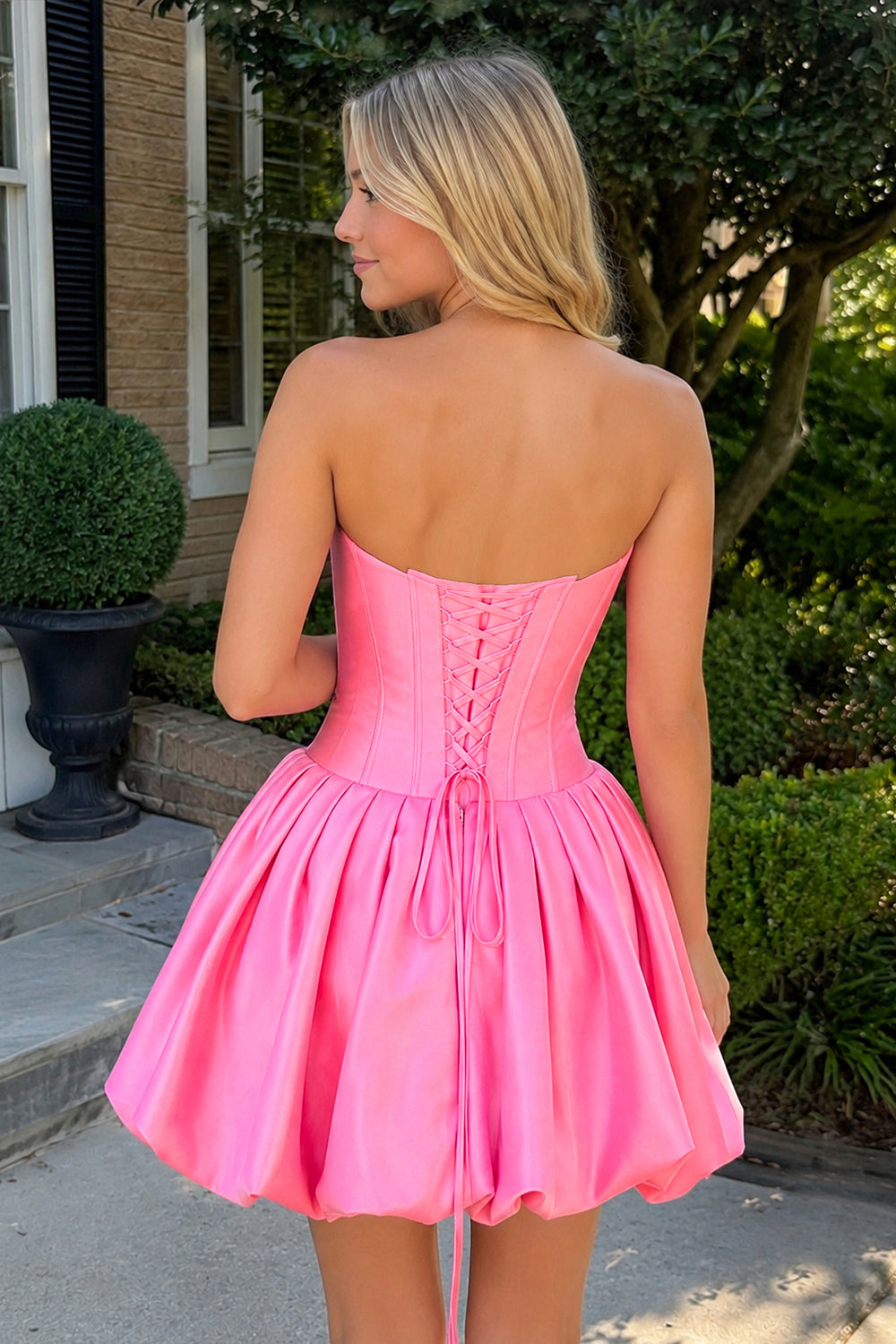 Hot Pink Strapless Satin A-Line Ruched Corset Homecoming Dress with Beading | KISSPROM