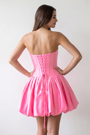 Hot Pink Strapless Satin A--Line Ruched Corset Homecoming Dress with Beading (2) | KISSPROM
