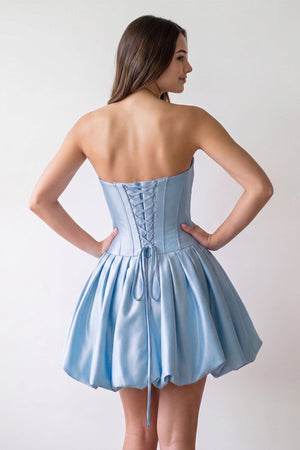 Blue Strapless Satin A-Line Ruched Corset Homecoming Dress with Beading (2) | KISSPROM