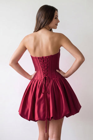 Burgundy Strapless Satin A-Line Ruched Corset Homecoming Dress with Beading (2) | KISSPROM