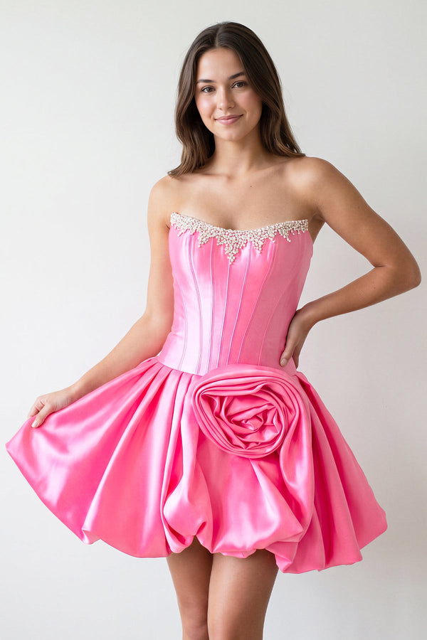 Hot Pink Strapless Satin A--Line Ruched Corset Homecoming Dress with Beading | KISSPROM