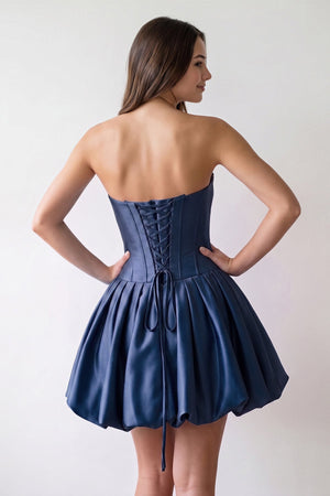 Navy Blue Strapless Satin A-Line Ruched Corset Homecoming Dress with Beading (2) | KISSPROM