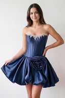 Navy Blue Strapless Satin A-Line Ruched Corset Homecoming Dress with Beading | KISSPROM