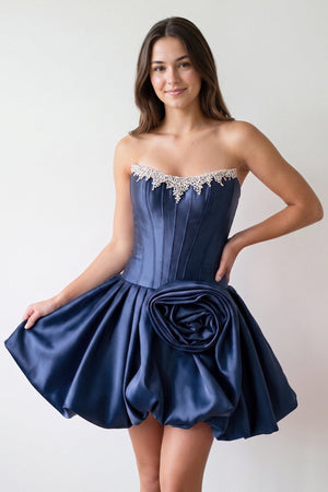 Navy Blue Strapless Satin A-Line Ruched Corset Homecoming Dress with Beading | KISSPROM