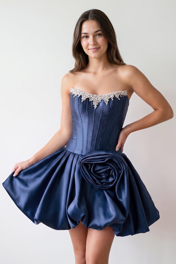 Navy Blue Strapless Satin A-Line Ruched Corset Homecoming Dress with Beading | KISSPROM