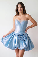 Blue Strapless Satin A-Line Ruched Corset Homecoming Dress with Beading | KISSPROM