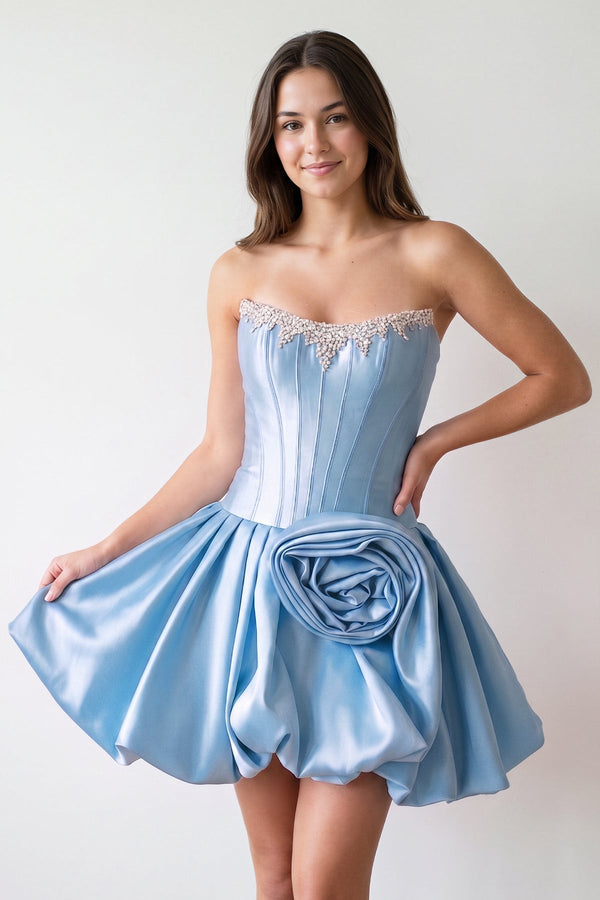 Blue Strapless Satin A-Line Ruched Corset Homecoming Dress with Beading | KISSPROM