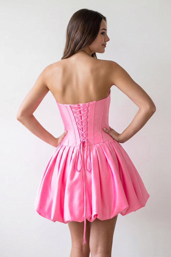 Hot Pink Strapless Satin A--Line Ruched Corset Homecoming Dress with Beading (2) | KISSPROM