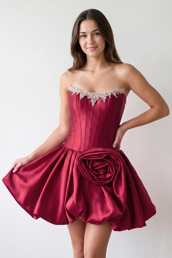 Burgundy Strapless Satin A-Line Ruched Corset Homecoming Dress with Beading | KISSPROM