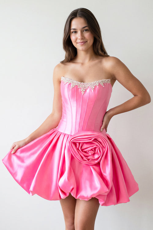 Hot Pink Strapless Satin A--Line Ruched Corset Homecoming Dress with Beading | KISSPROM