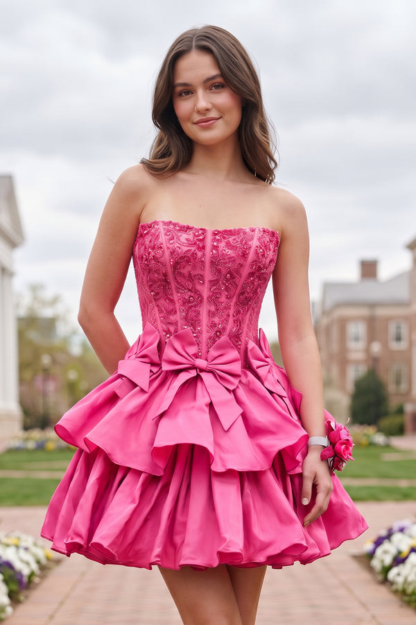 Hot Pink Strapless Sequins A-Line Homecoming Dress With Bow | KISSPROM