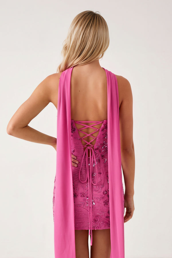 Hot Pink Strapless Sheath Embroidered Tulle Homecoming Dress with Scarf (2) | KISSPROM