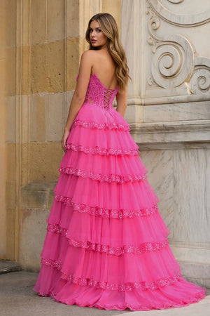KissProm- Hot Pink Sweetheart A Line Sequined Lace Ruffled Long Prom Dresses With Appliques