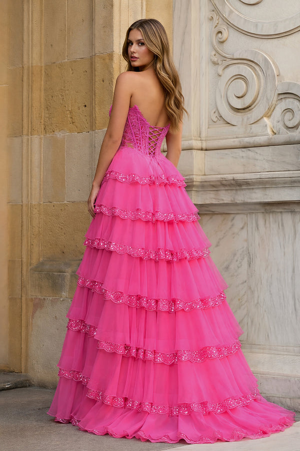 KissProm- Hot Pink Sweetheart A Line Sequined Lace Ruffled Long Prom Dresses With Appliques