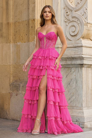 KissProm- Hot Pink Sweetheart A Line Sequined Lace Ruffled Long Prom Dresses With Appliques
